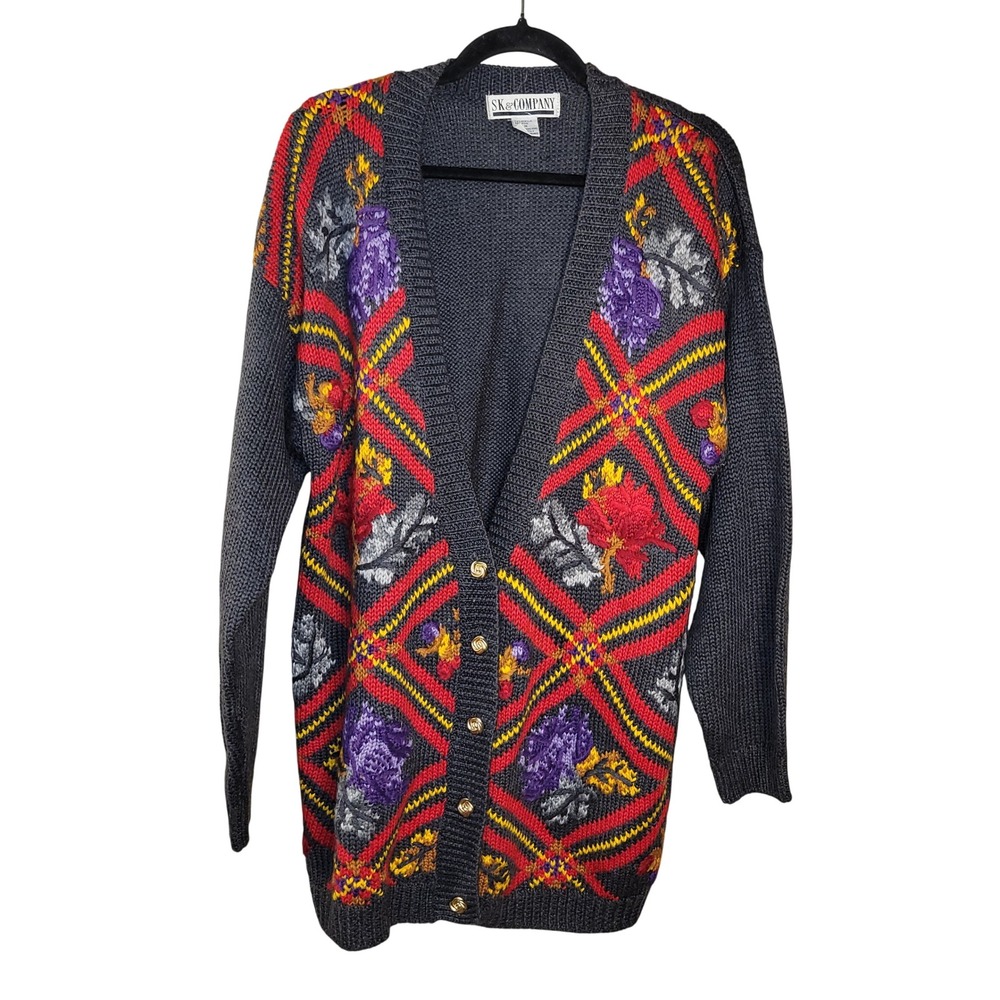 SK & Company Vintage Wool Blend Floral Geometric Cardigan Gray Red Medium